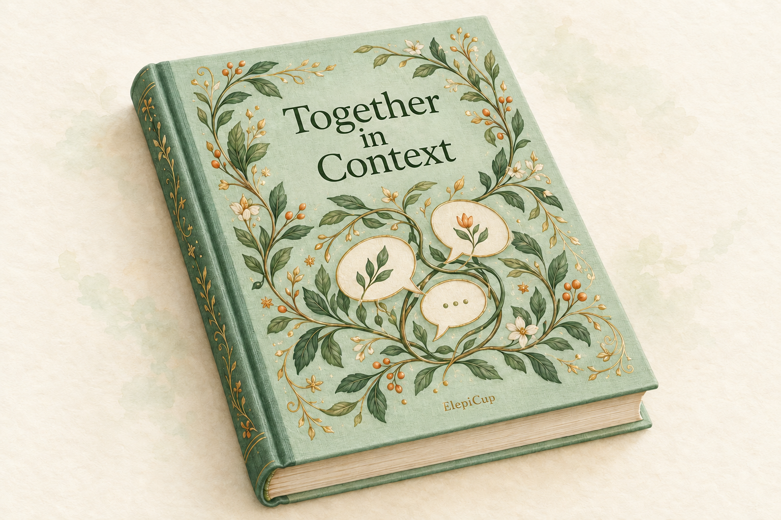 Mint-green cover concept for Together in Context, with branches, flowers and three intertwined speech bubbles